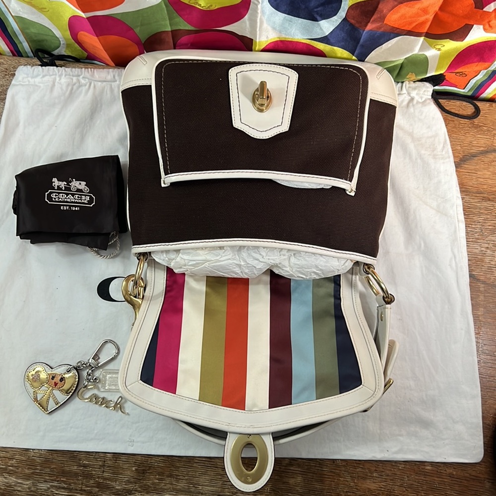 NWT Coach Legacy Stripe Parchment/Brown Slim Flap Ali Turnlock Shoulder Bag $378 - Picture 6 of 16